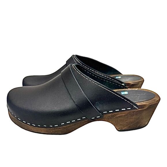 Lotta From Stockholm Black Leather Clogs w/ Brown Base EU 38 US 7.5 Strap EUC - Picture 6 of 11